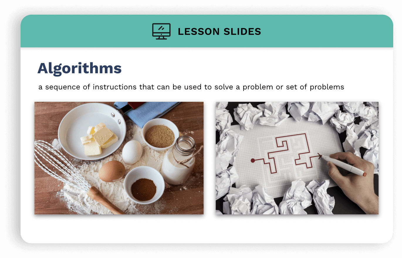 Slideshow image with heading text: Algorithms. Beneath heading a picture of baking ingredients and a maze.