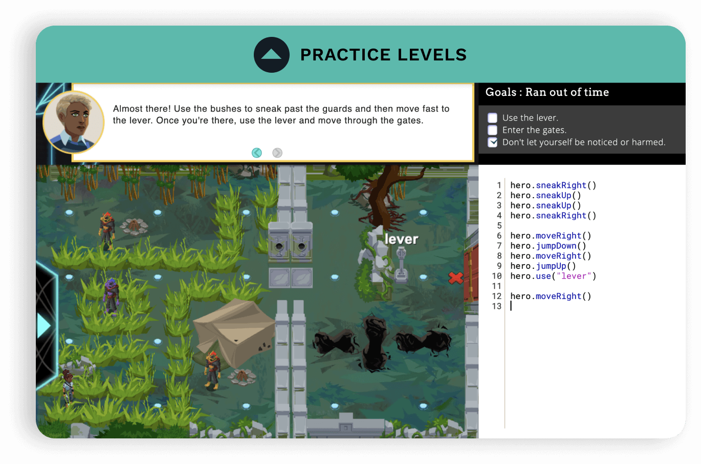 Screenshot of a practicel level. Level on the left with student\'s code on the right.
