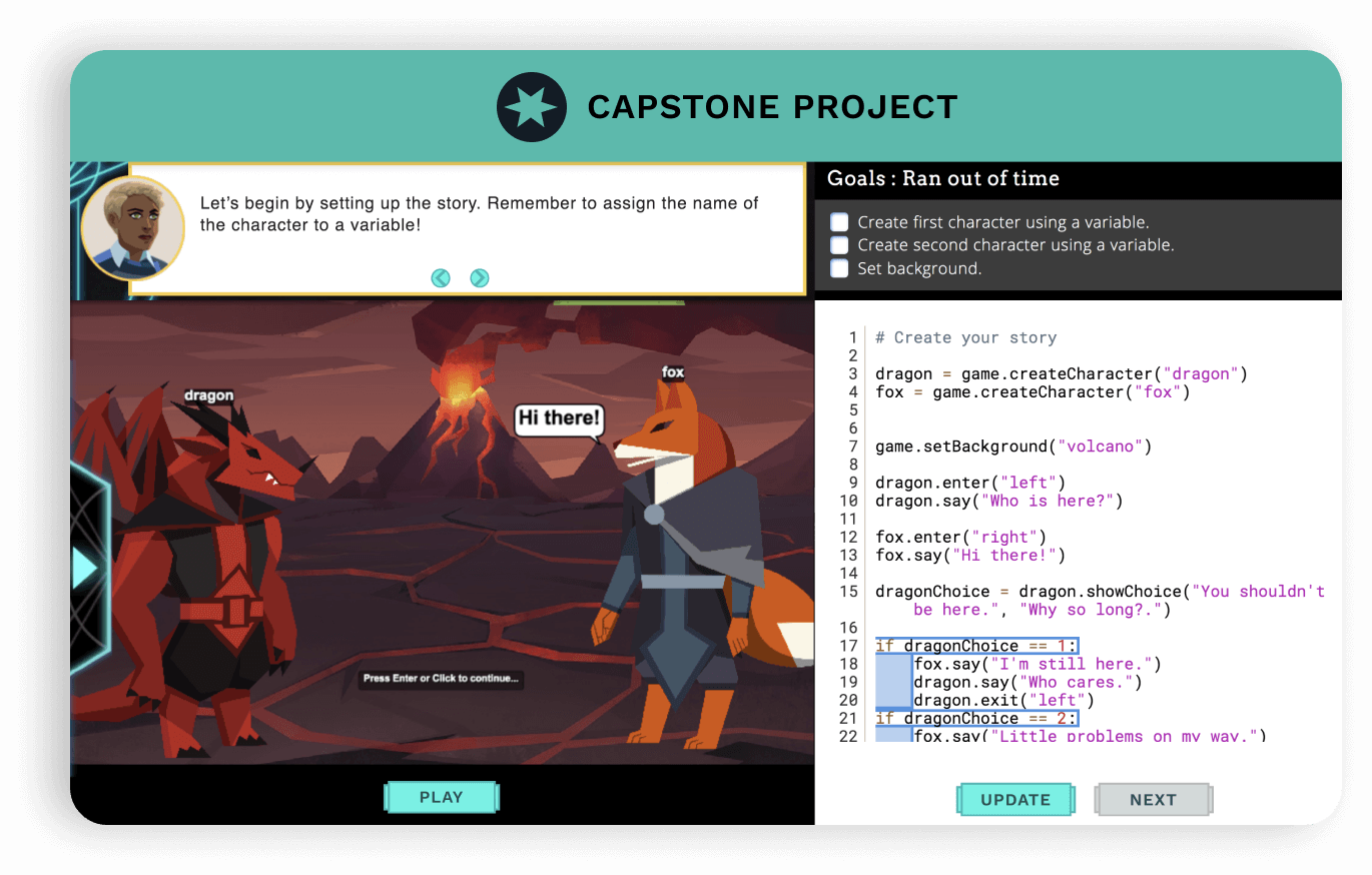 Screenshot of a capstone level. Story maker capstone where students construct a dialogue between characters.